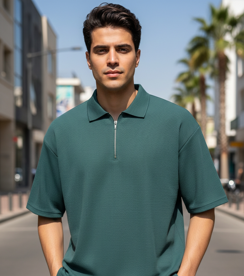 تیشرت مردانه یقه زیپ دار سبز مدل Arban