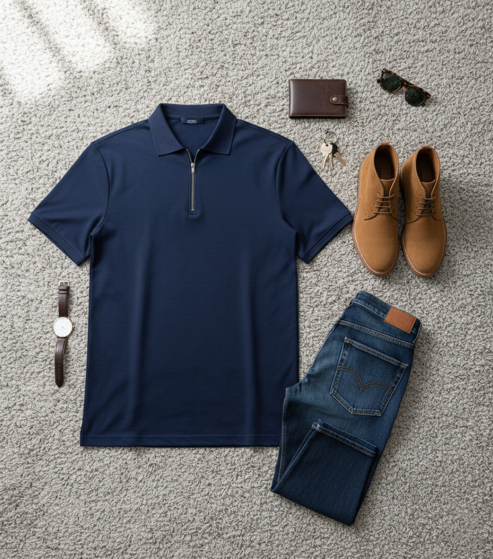 تیشرت مردانه یقه زیپ دار سرمه ای مدل Arban